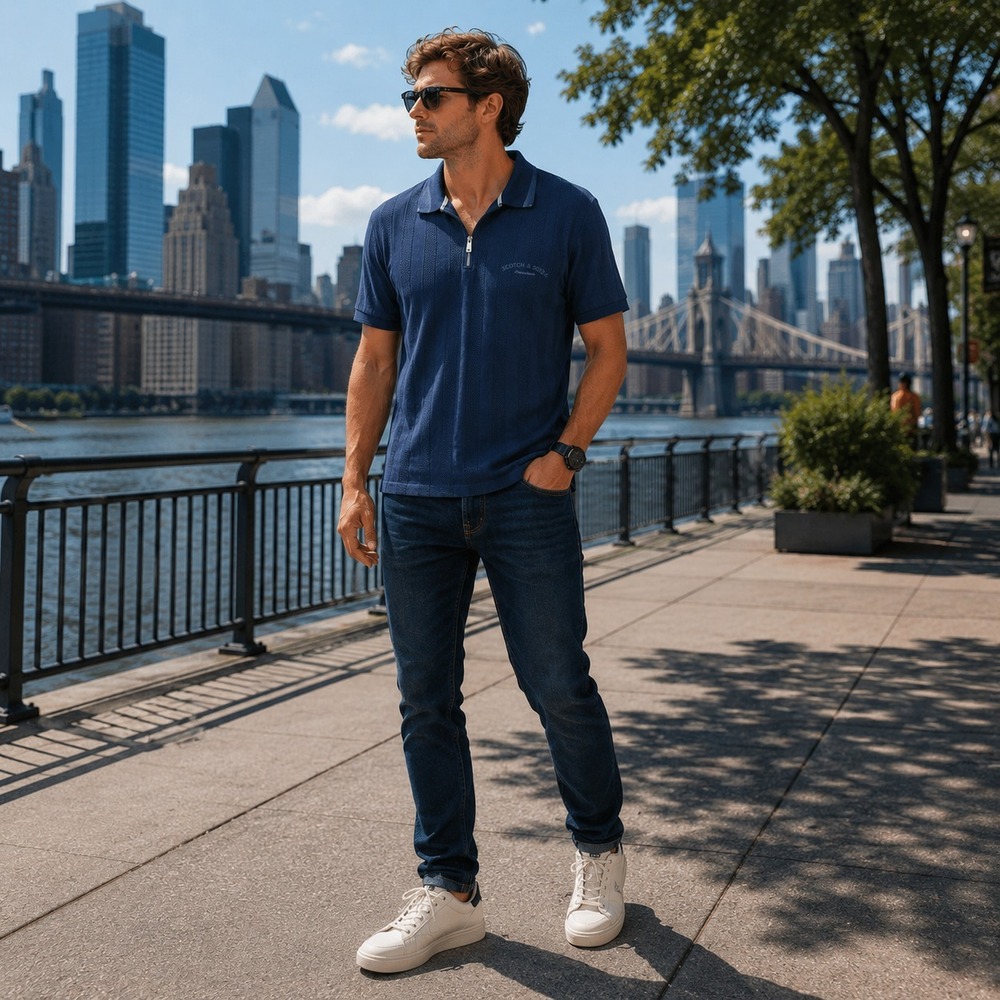 SCOTCH & SODA Mens New Polo Shirt Blue LARGE Short Sleeve Popcorn Pique Zip Polo